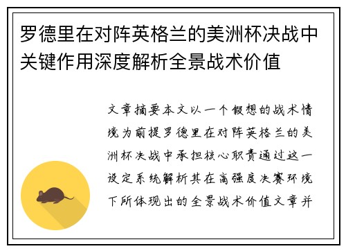 罗德里在对阵英格兰的美洲杯决战中关键作用深度解析全景战术价值